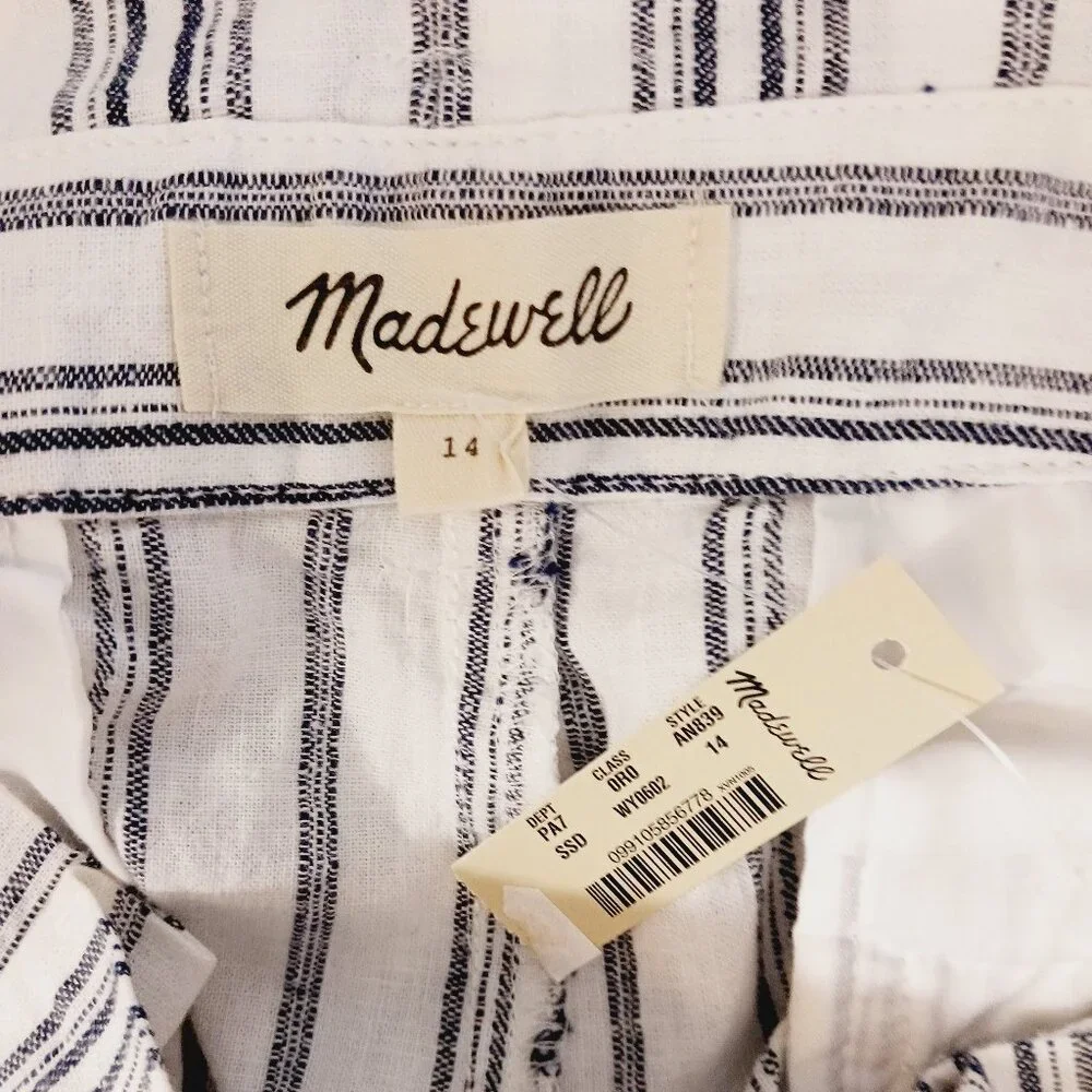 NWT Madewell, Size 14, White Navy Stripe Linen Blend Paper Bag  Crop Pants - Picture 3 of 16